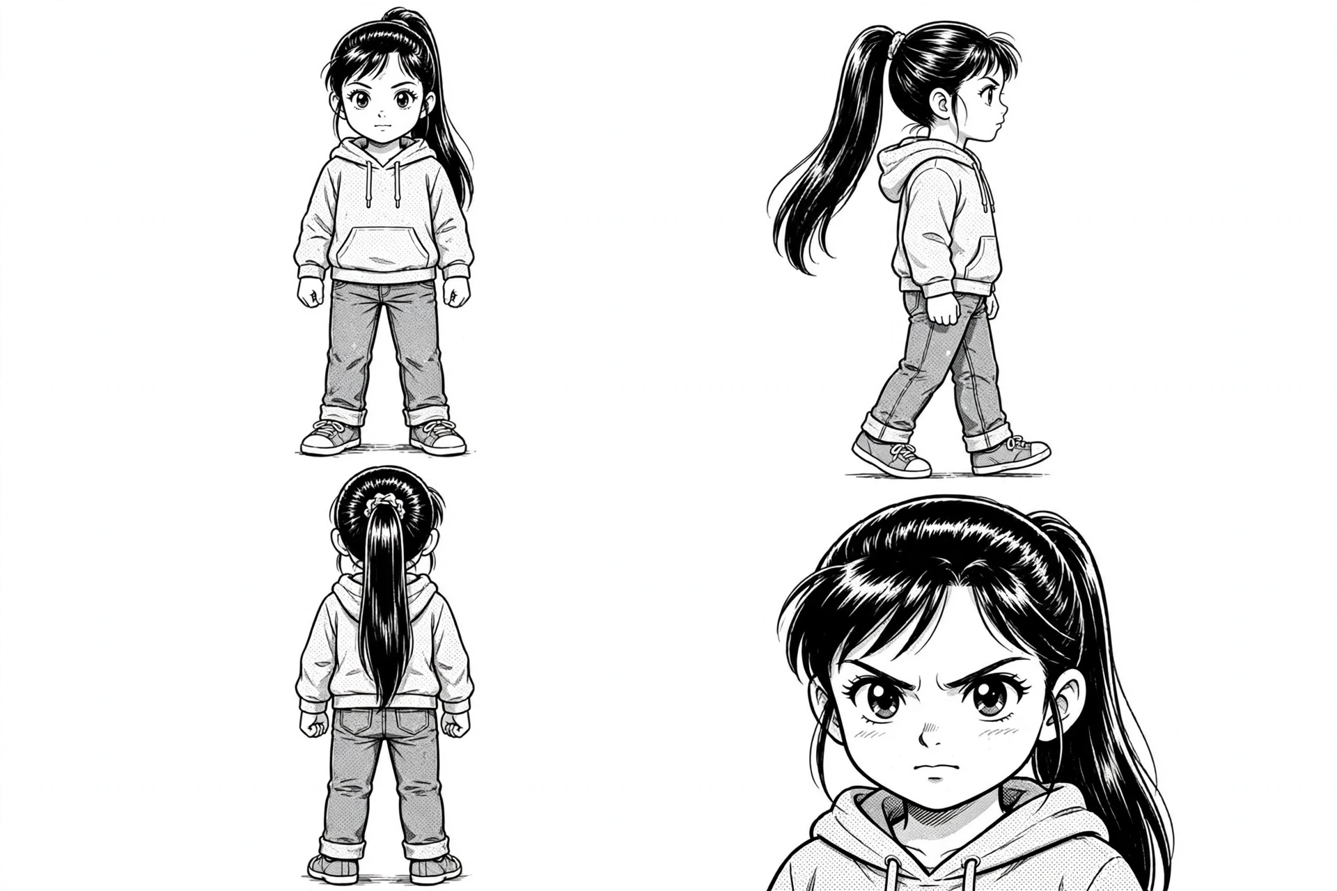 Character model sheet showing Maya in a hoodie, jeans, sneakers, and ponytail