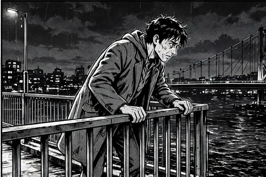 Marcus stands alone on a bridge at night