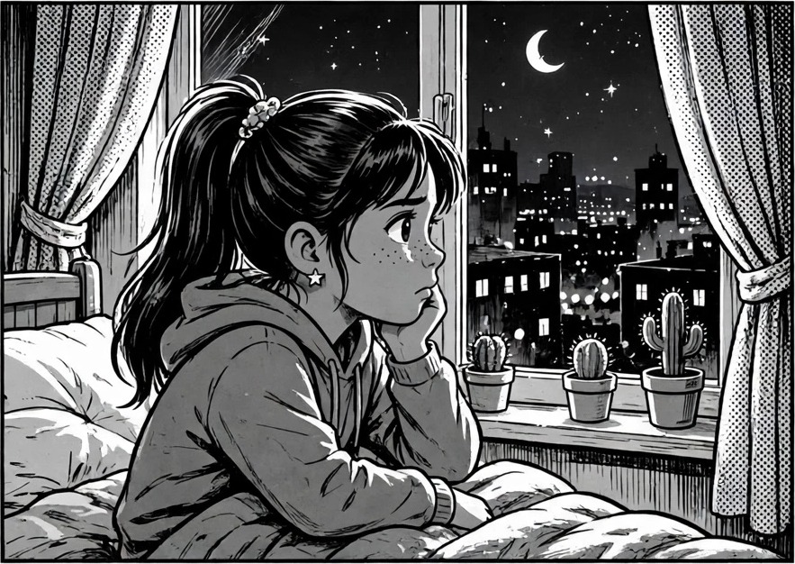 Maya watches the city from her bedroom window