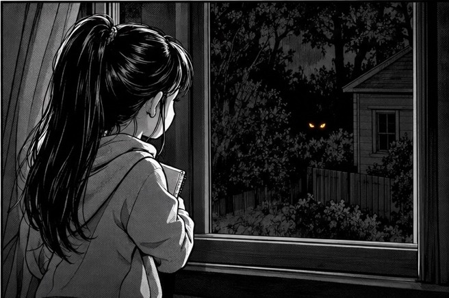 Amber eyes watch Maya's window from the darkness