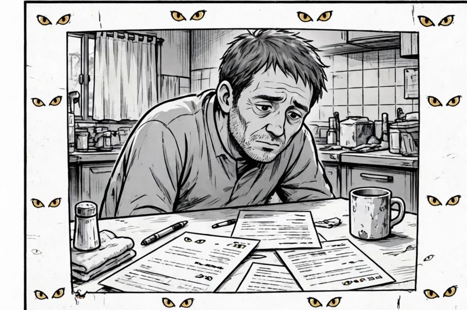 Marcus draws amber eyes while working on job applications