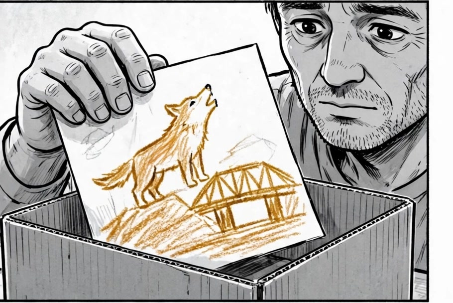 Marcus discovers a child's drawing of a giant wolf
